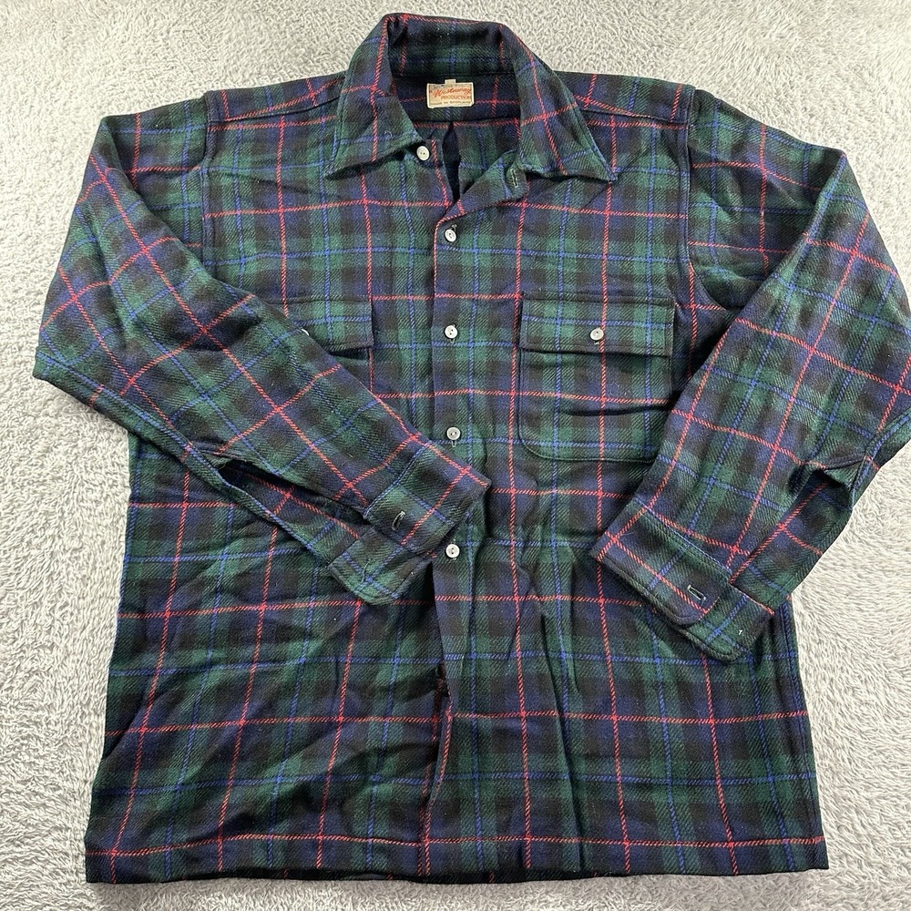VINTAGE Westaway Wool Shirt Mens Large Plaid Green Chore Scotland Pure‎ Wool